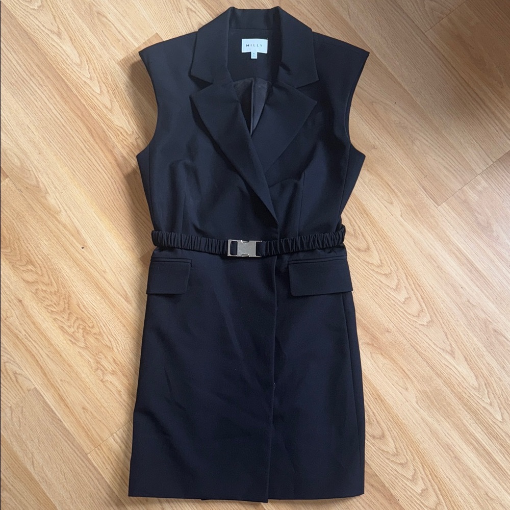 Milly Black Sleeveless Blazer Yara Dress Size 6 Belt Short